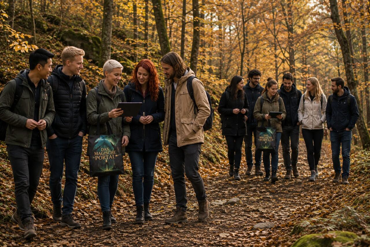 Große Firmengruppe wandert im Herbstwald und löst gemeinsam Rätsel bei einem Teambuilding-Event mit Das Magische Portal