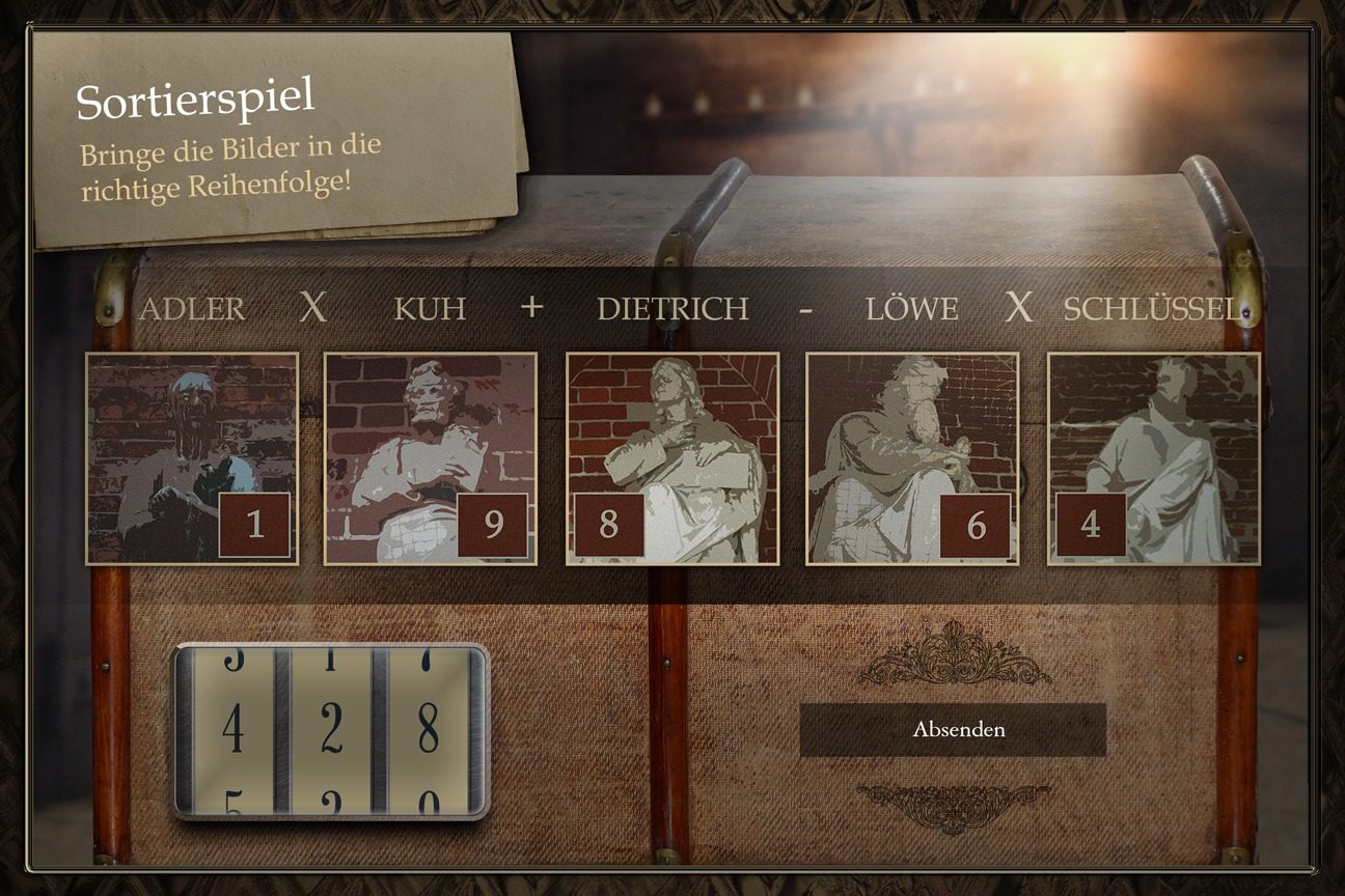 Sortierspiel-Rätsel bei Mord am Bischof, das die Ermittler auf dem Tablet lösen müssen