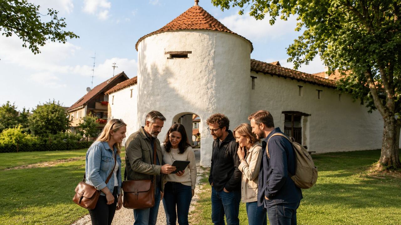 Eine Ermittlergruppe bespricht am Tablet die nächsten Hinweise vor dem historischen Kappenturm in Hayingen bei Mord am Bischof