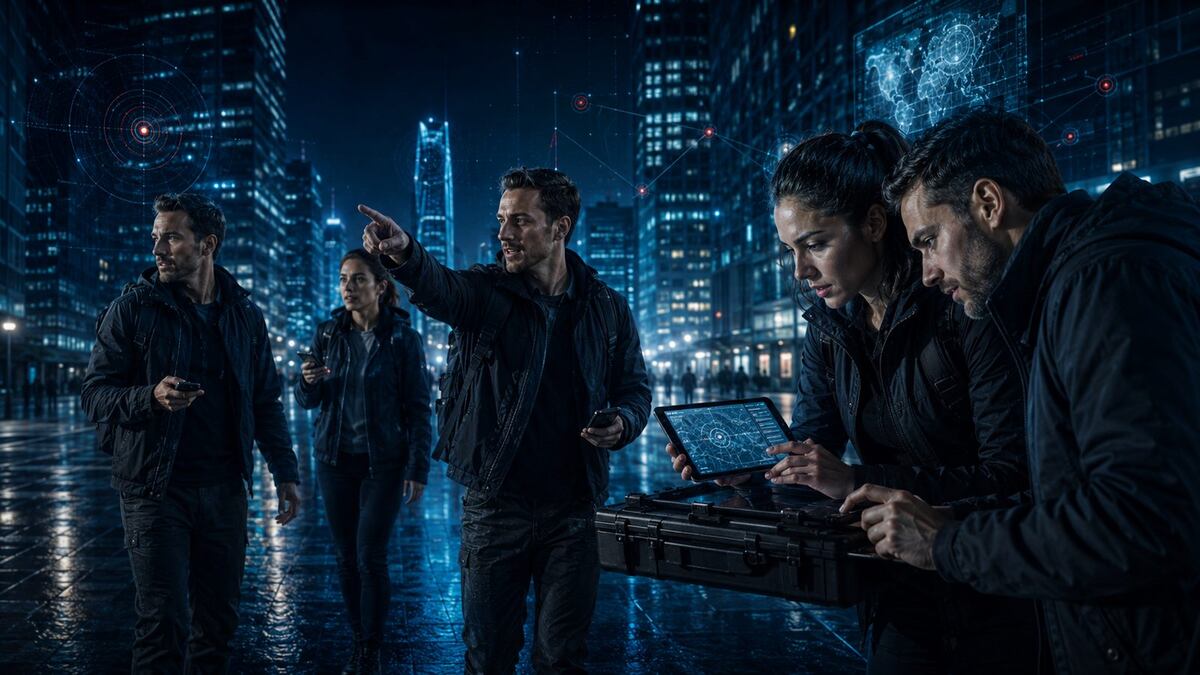 Ein Agententeam analysiert bei Nacht in der Stadt Standortdaten auf dem Tablet bei Operation Mindfall